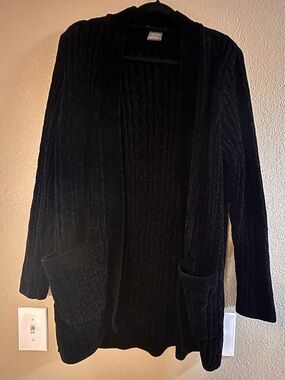 Matty M Black Open-Front Ribbed Cardigan with Pockets